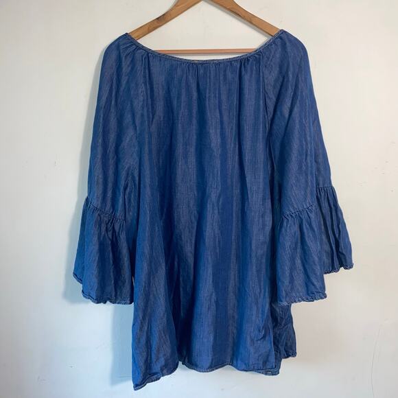 Blue Chambray Embroidered Prairie Top 22/24W Bell Sleeves Boho Fall Cottagecore - Picture 4 of 6
